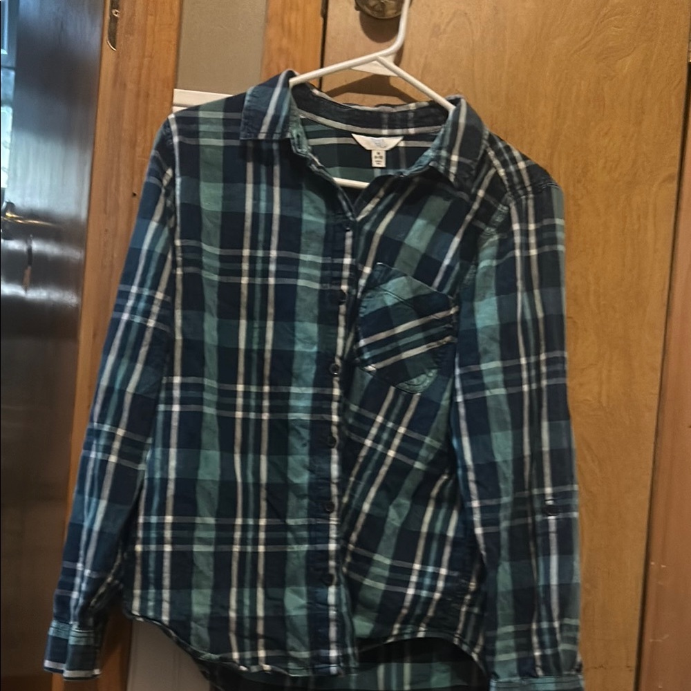 Time and Tru Blue Plaid Button Down Shirt